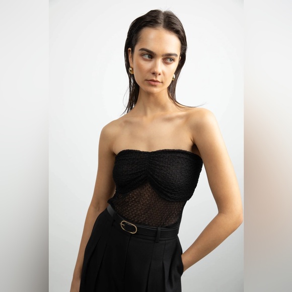 OAK + FORT Tops - Oak + Fort Dotted Mesh Tube Top Black M | Sheer Gathered Bust | NWT